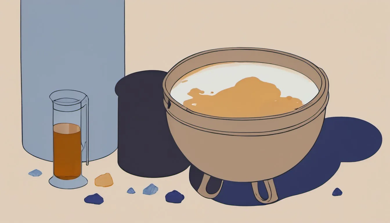 A wooden foot-soak bucket beside a small jug of apple cider vinegar and a scattering of Epsom salt.