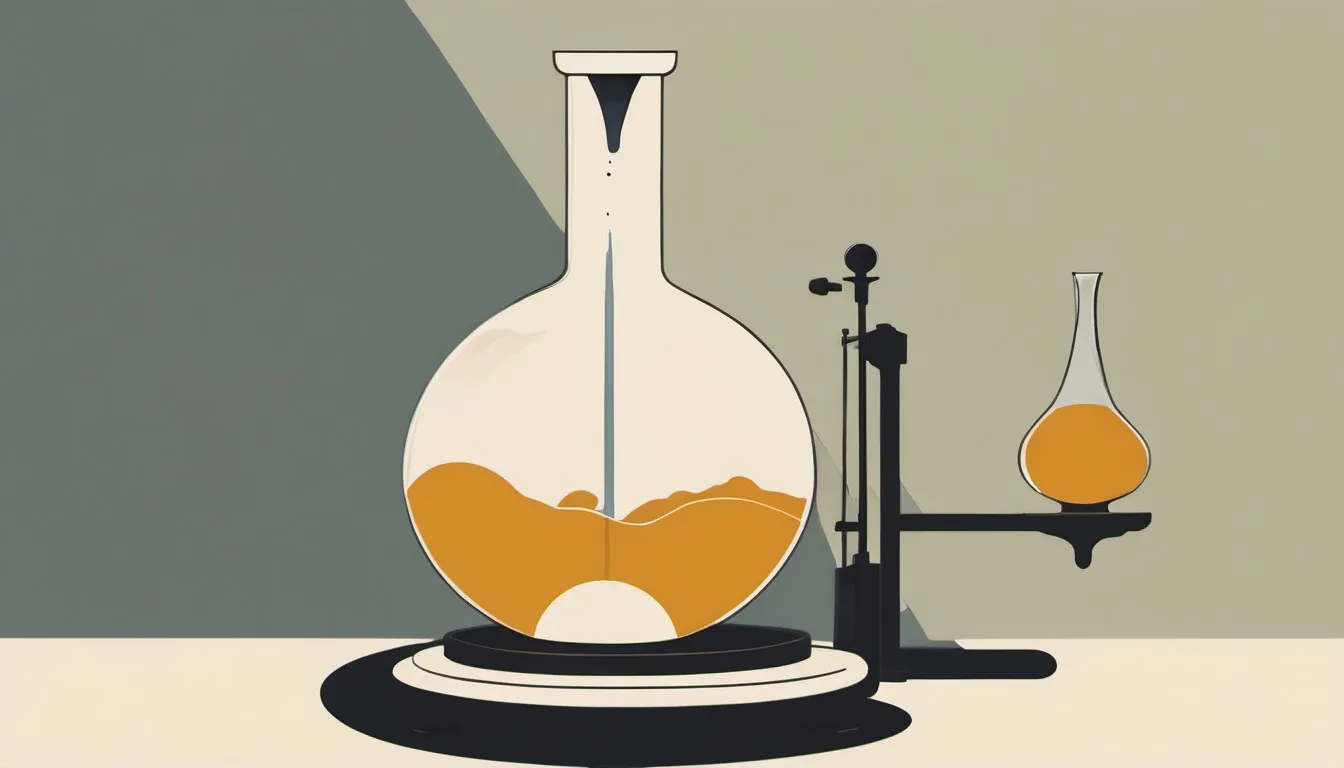 Illustration of a vinegar bottle balanced on a scale between a checkmark and a tangled hype symbol